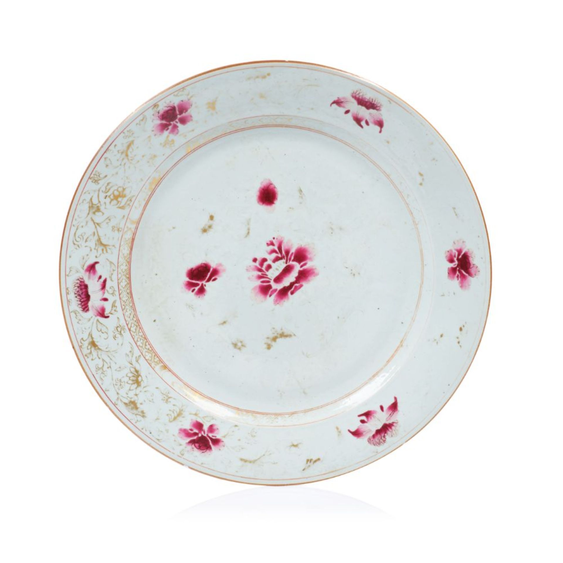 A large plate, Polychrome "Famille Rose" enamelled, Bianco-sopra-Bianco and gilt floral motifs
