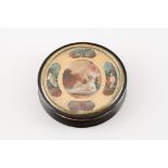 A circular box, Horn, With miniature lid representing allegory of love with gilt metal applications,
