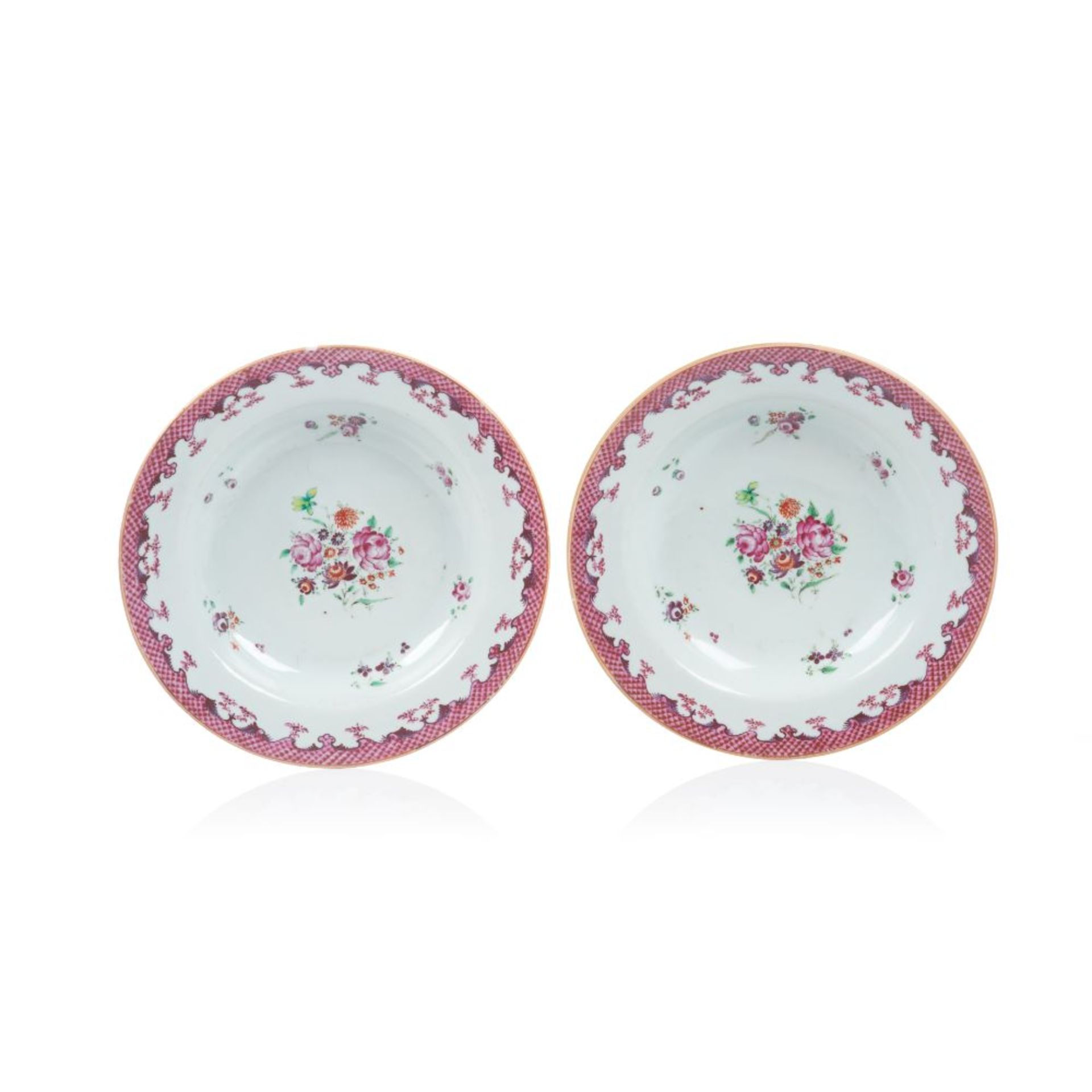 A pair of deep plates, Chinese export porcelain, Polychrome floral "Famille Rose" enamelled