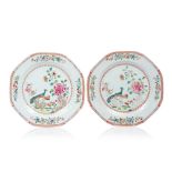 A pair of octagonal plates, Chinese export porcelain, Polychrome "Famille Rose" enamelled decoration