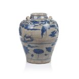 A Swatow vase, Glazed ceramic, Blue and white decoration of lake view with eagle, wiping willow