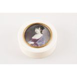 A circular box, ivory, With miniature lid representing a lady portrait, Signed, France, 19th/20th