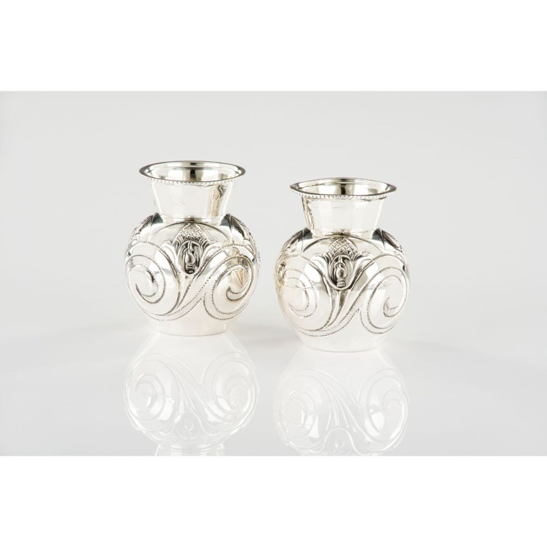 A pair of vases, Silver 833/000, Scroll reliefs decoration, Oporto hallmark (1938-1984), (signs of