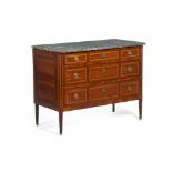 A D.Maria chest of drawers, Satinwood veneered of thornbush and ebony marquetry decoration, Marble