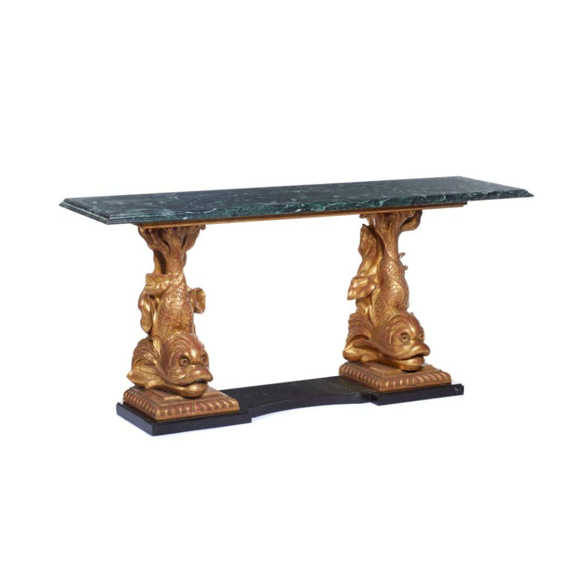 A console table, Carved and gilt wood, Black and green marble tops on two dolphin shaped stands,