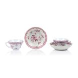 A pair of cups and saucers, Chinese export porcelain, Polychrome floral "Famille Rose" enamelled and