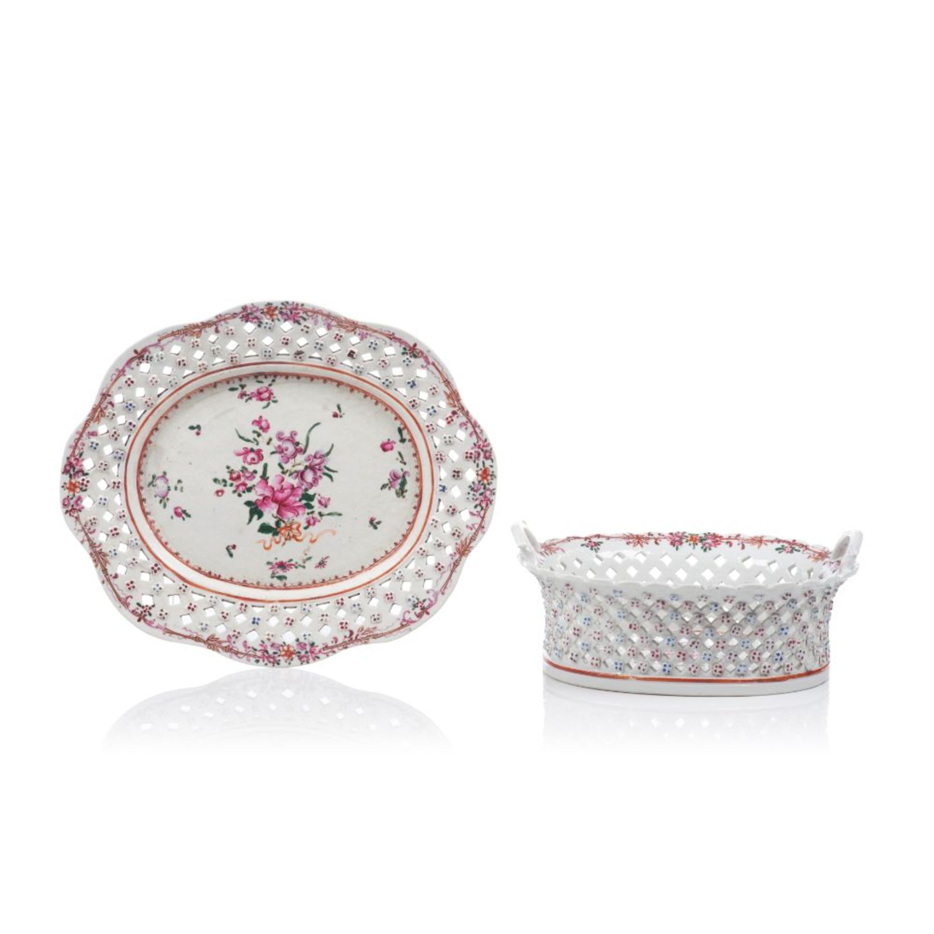 A basket and tray, Chinese export porcelain, Lace like tabs of reliefs and polychrome floral "