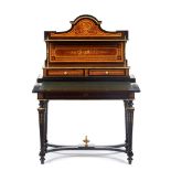 A Napoleon III lady's desk with upper section, Ebonised wood, Various woods foliage and floral