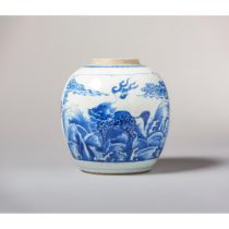 A blue and white jar with Qilin and 'hundred antiques' design 康熙时期青花麒麟及百古图案罐