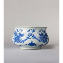 A blue and white bombe-form 'dragon' censer 康熙青花炸弹式龙纹香炉