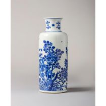 A blue and white cylindrical vase 康熙时期青花滚筒瓶，花鸟岩石图
