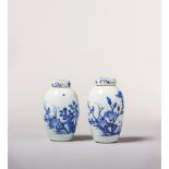 A pair of blue and white ovoid jars and covers 顺治时期至康熙早期青花卵形罐及盖一对