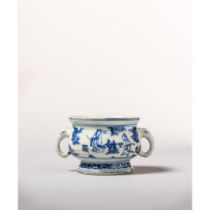 A blue and white 'Windswept' censer 明代十五世纪青花炸弹式香炉，象头柄，学者园景图