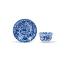 A blue and white cup and saucer