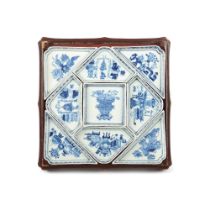 Set of blue and white sweetmeat dishes and case