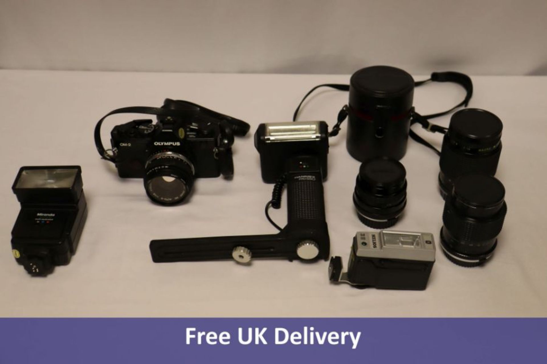 Olympus OM-2 Spot/Program 35mm Film Camera with 3x Macro Lenses, 3x Flashes. Used, no box, not teste