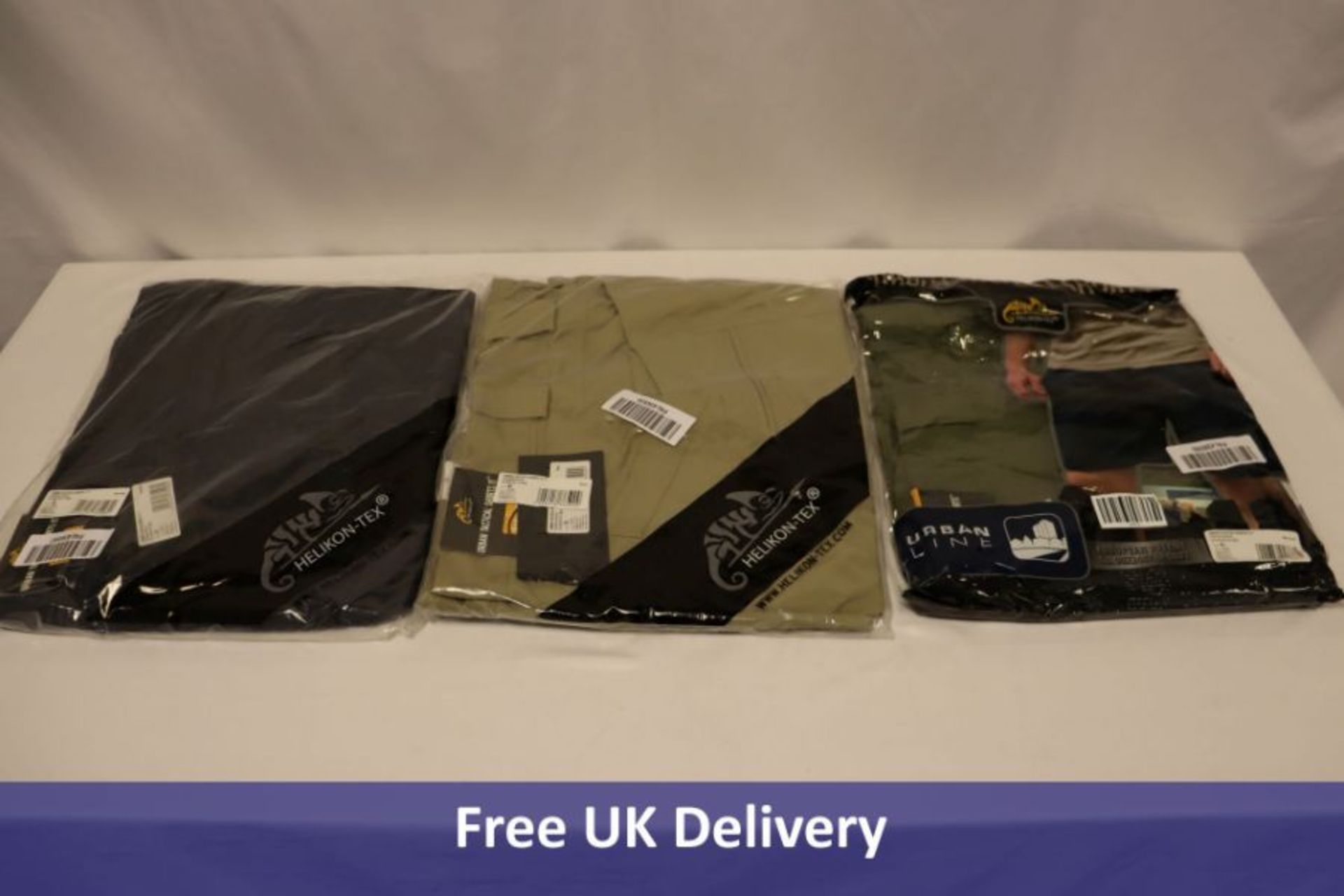 Three Helikon-Tex Urban Tactical Shorts 11", UK 36 to include 1x Olive Green, Navy Blue, Khaki