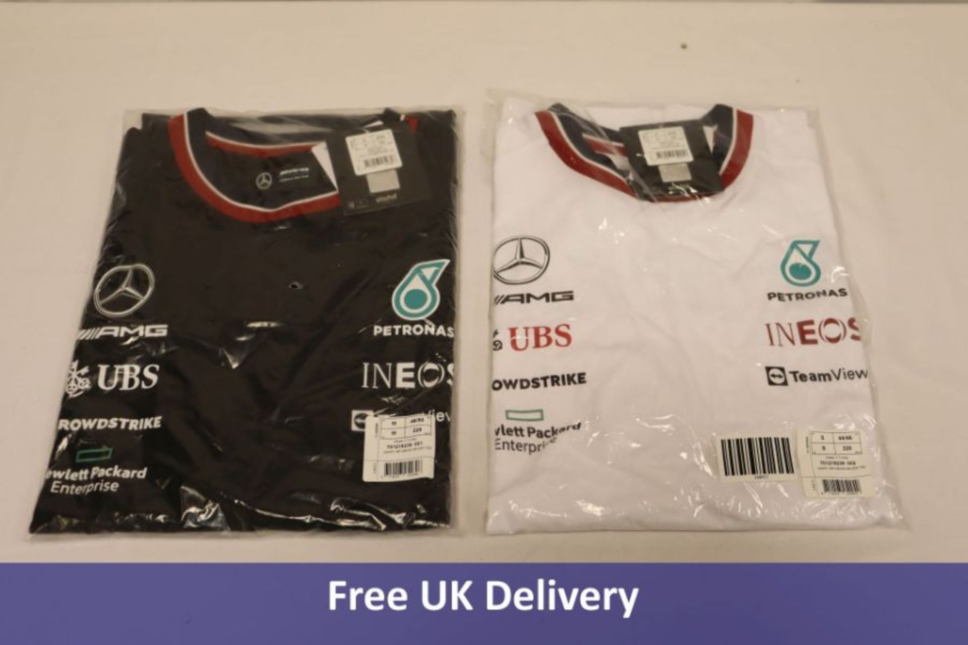 Two Mercedes AMG Petronas F1 2022 Team T-shirts to include 1x White, Small, 1x Black, Medium