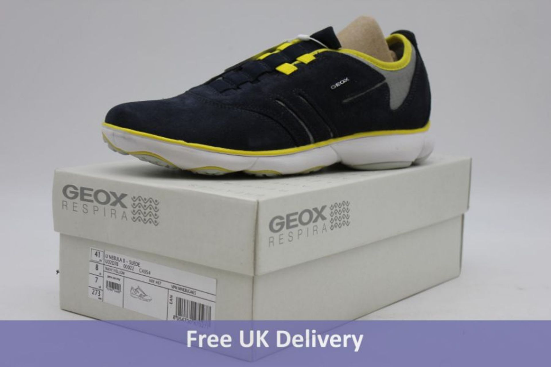 Two pairs of Geox Trainers to include 1x Nebula Suede Sneakers, Navy/Yellow, UK 7 and 1x Nebula Text