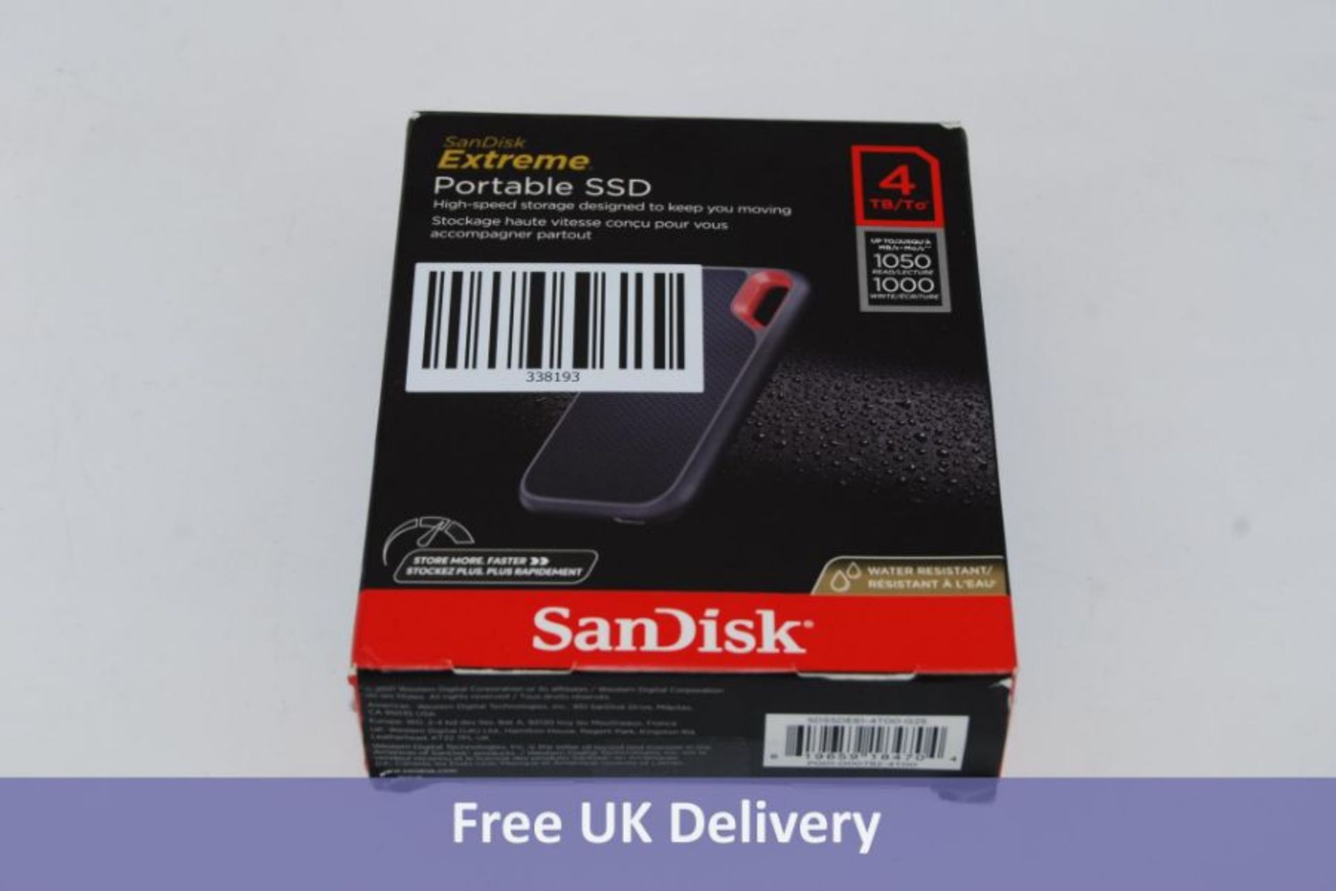 SanDisk Extreme Portable SSD, 4TB. Used, wiped and tested. Boxed with USB-C cable