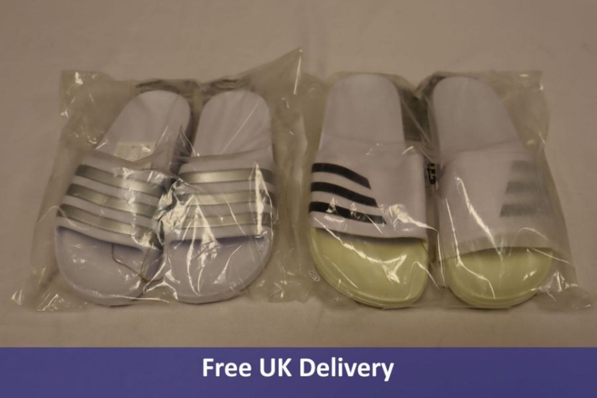 Five Pairs Adidas Sliders to include 1x UK 9, 4x UK 4, White