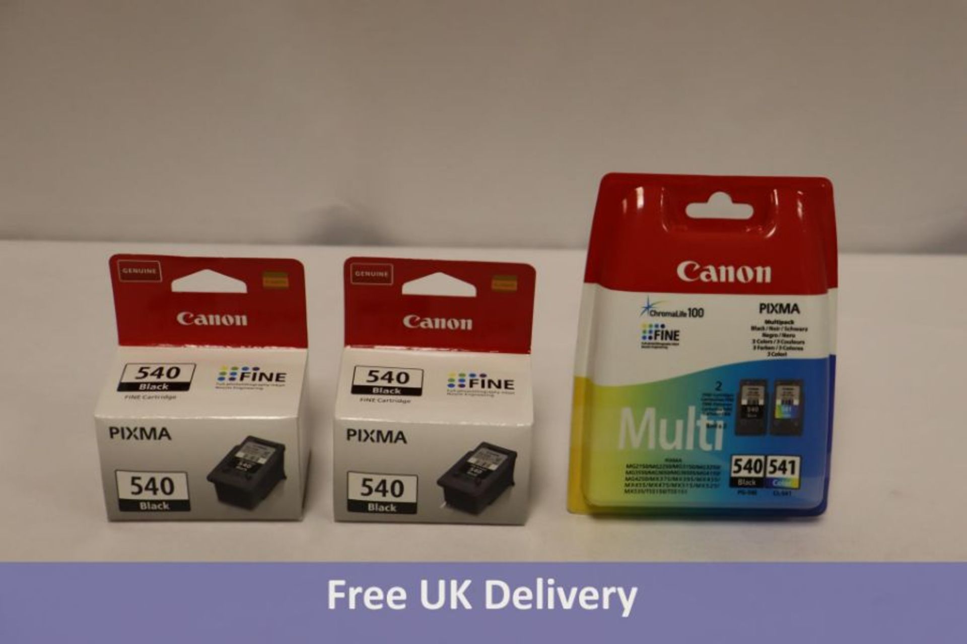 Three Canon Pixma cartridges to include 1x Multi, Black and Colour, 540/541, 2x Black, 540