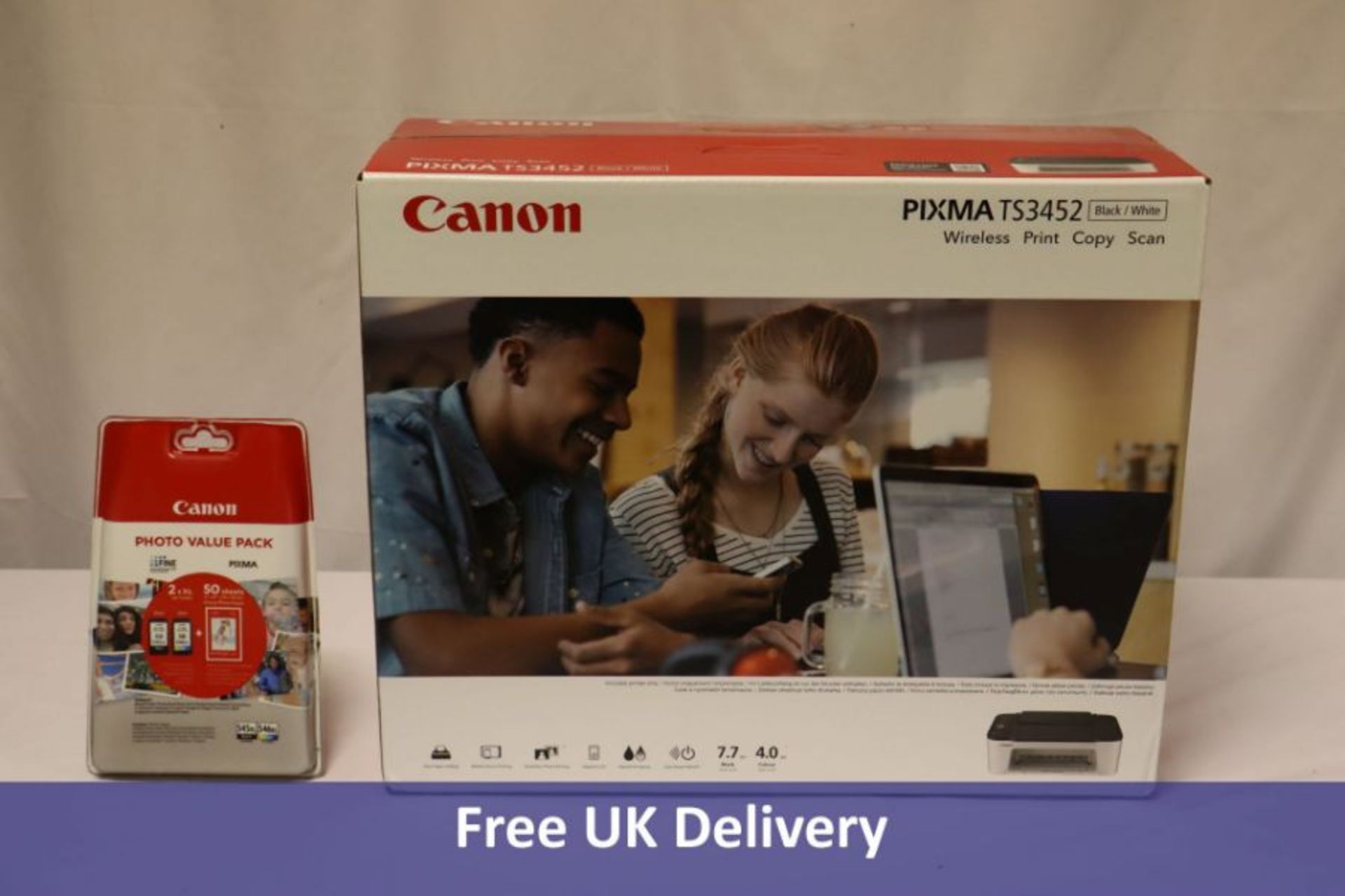 Two Canon items to include 1x PIXMA TS3452 Wireless Photo Printer, White/Black, 1x PG-545XL/CL-546XL