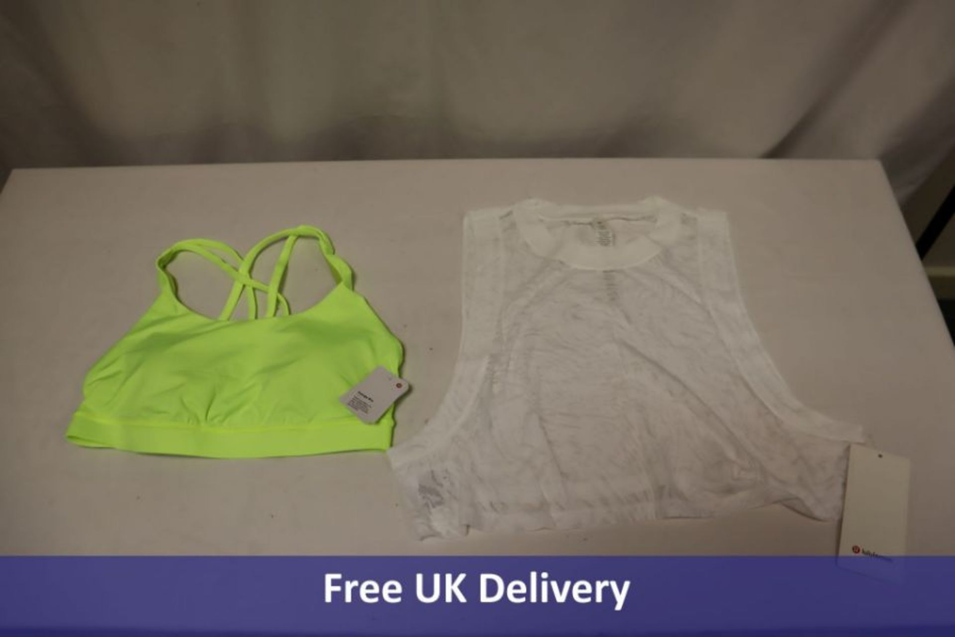 Two Lululemon Clothing Items to include 1x All Yours Crop Tank Veil, White, Small, 1x Energy Bra, Ye