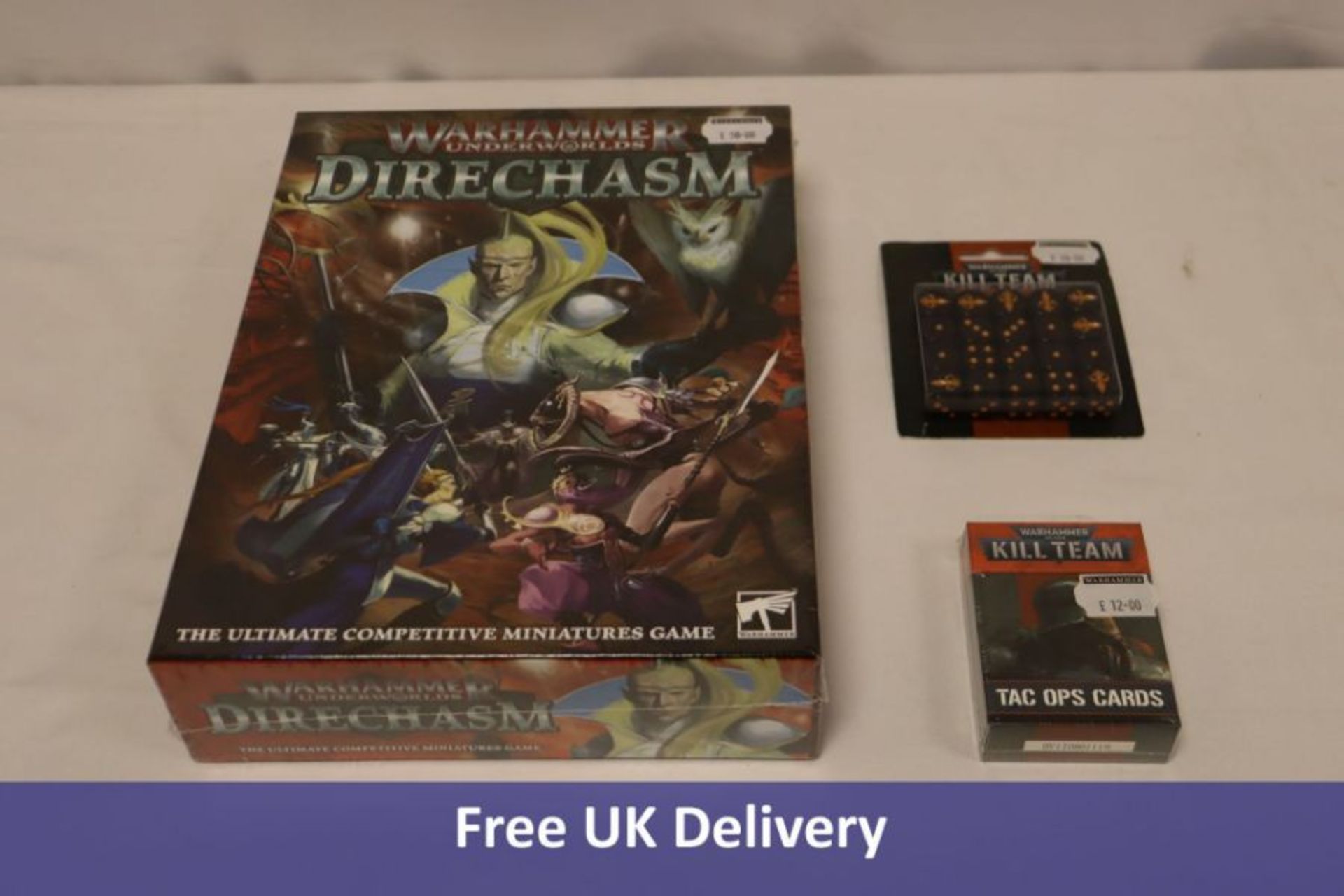 Warhammer Items to include Direchasm Board Game, 26x Packs Assorted Dice, 5x Tac Op Cards