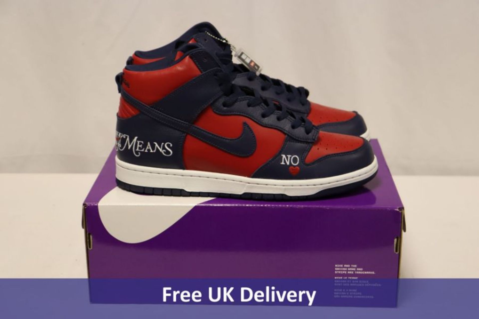 Supreme X Nike SB Dunk High OG QS by Any Means Trainers, Varsity Red/Midnight Navy, UK 10