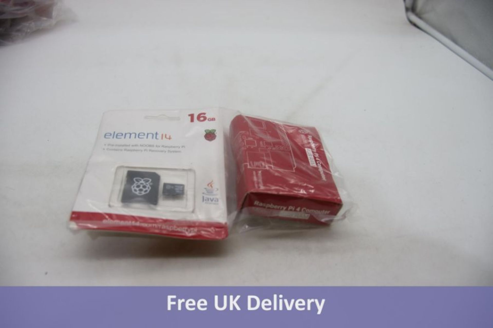 Tw Raspberry Pi items to include 1x Element 14 16 GB Memory and 1x Raspberry Pi 4 Model B 4GB Board