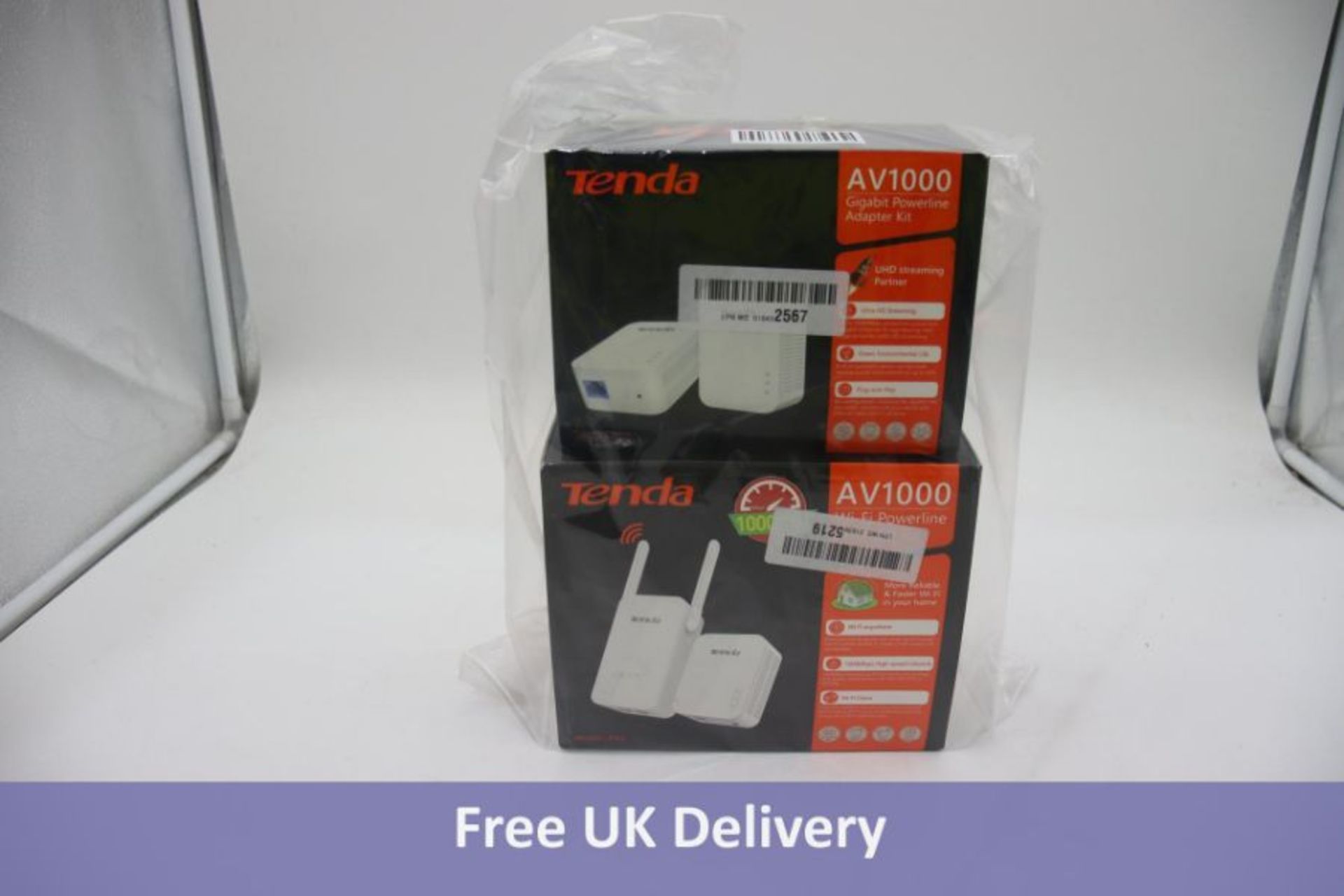 Two Tenda Wifi items to include 1x Tenda AV1000 Wi-Fi Powerline Extender Kit and 1x Tenda AV1000 Gig