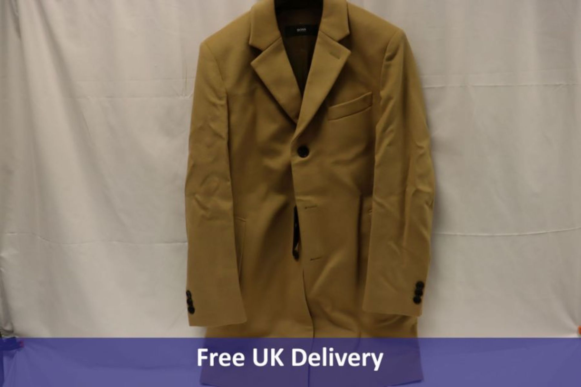 Hugo Boss Slim Fit Coat In Virgin Wool with Cashmere, Beige, Size 38