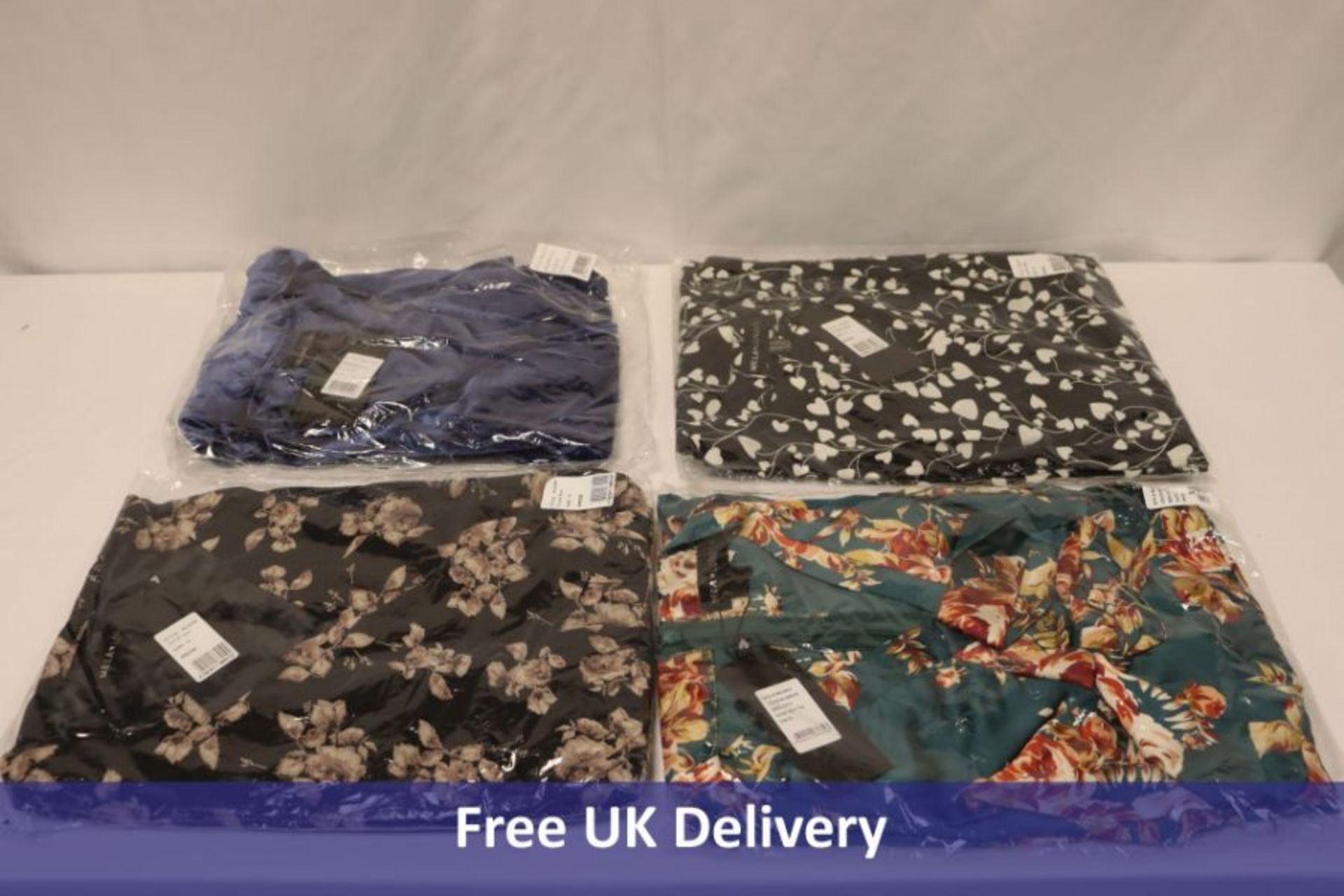 Four Mela London Women's items to include 1x Blue Velvet Wrap Dress, Blue, UK 8, 1x Floral Satin Mid