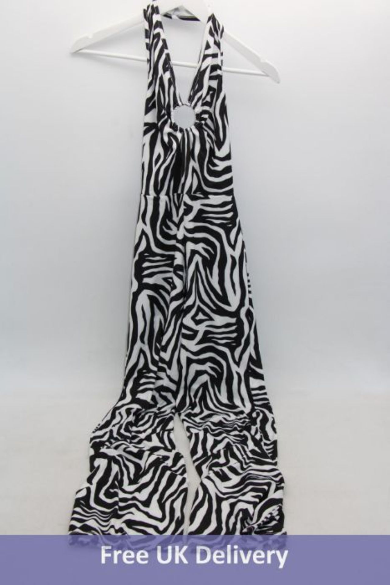 Five Vivichi Women's Zebra Print Pattern Halter Jumpsuit, Black/White, Size XS