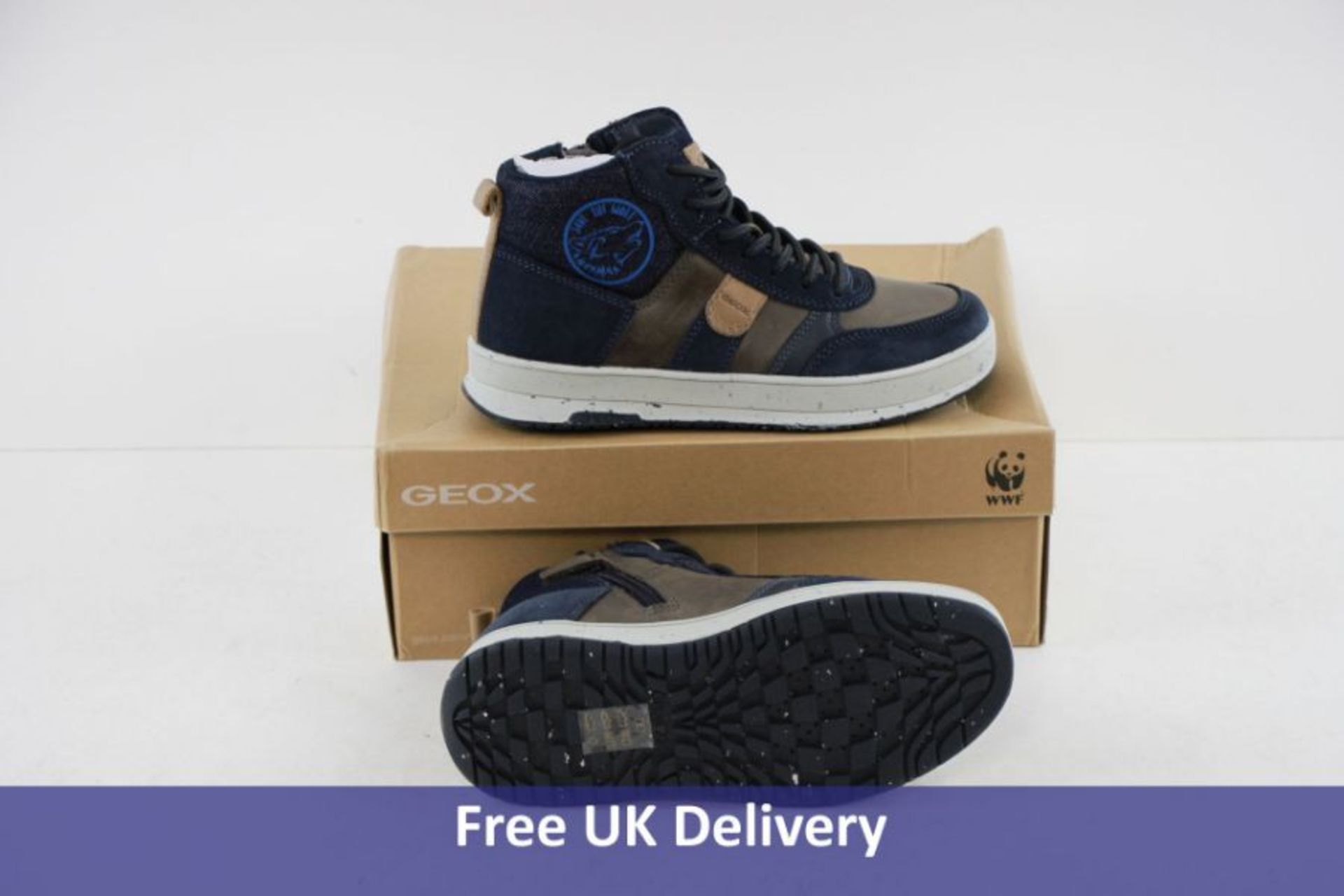 Geox Kids J Astute B Wax Leather, Suede Trainers, Coffee, Navy, UK 2.5