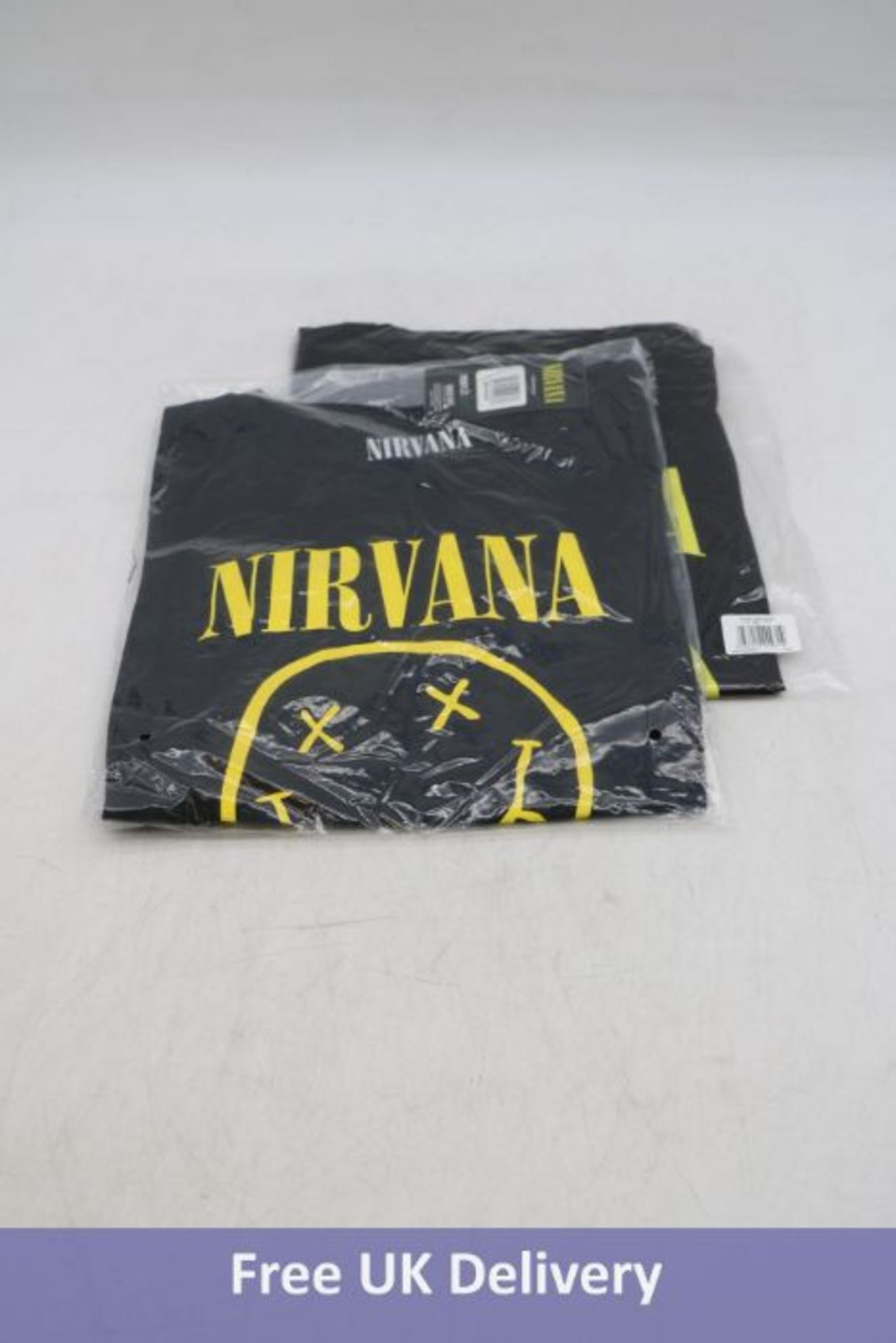 Two Nirvana Women's Yellow Smiley T-Shirts to include 1x Size S, 1x Size XL, Black/Yellow