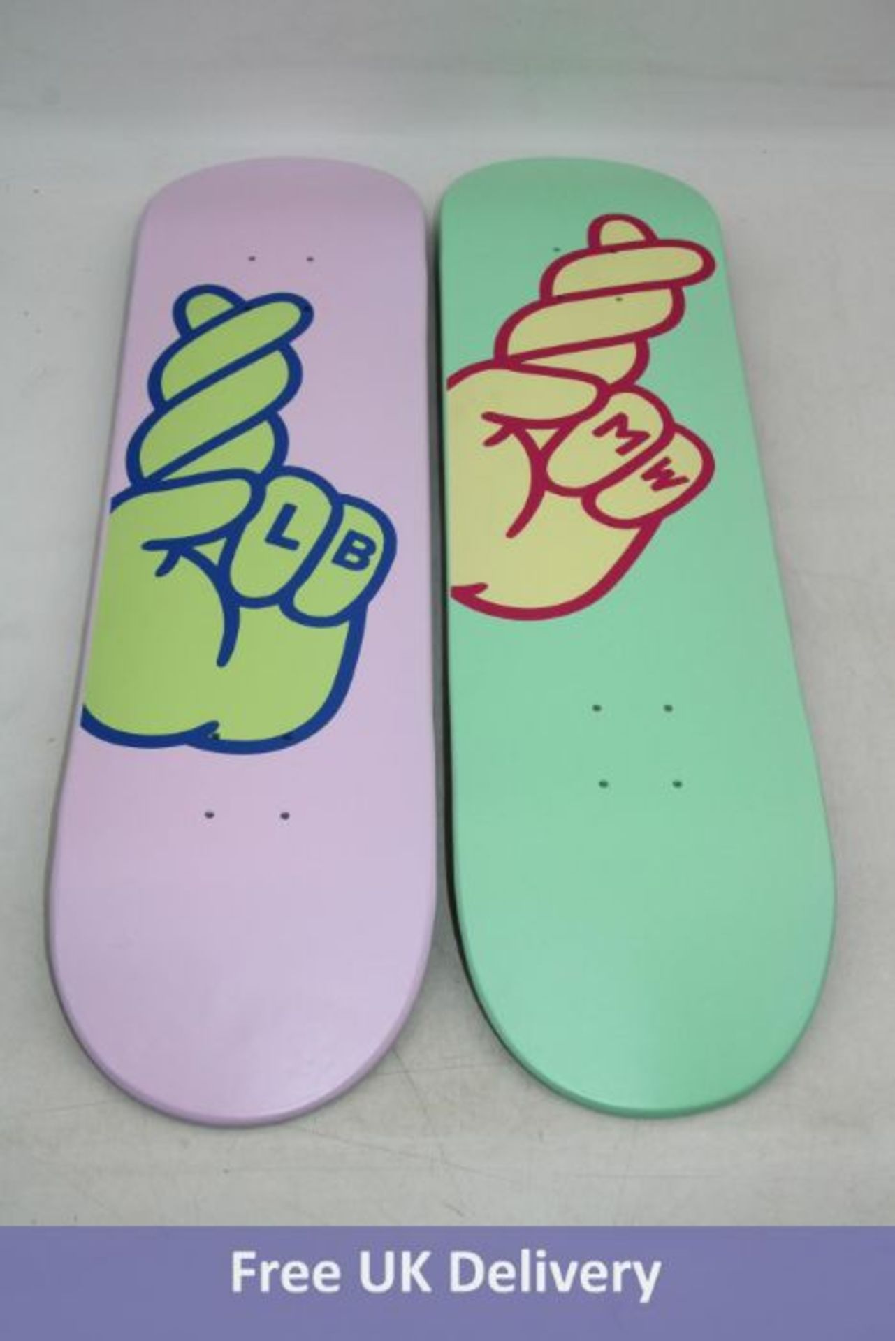 Seven Fingers Crossed Art Work Skateboard Deck, Pink/Green/Orange. Slightly Marked