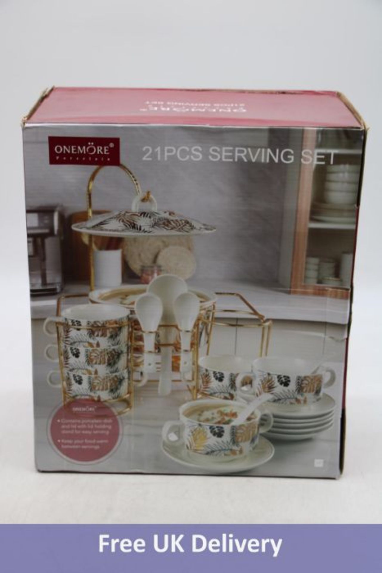 OneMore Porcelain 21 Piece Serving Set, White/Gold with Black and Gold Leaf Print