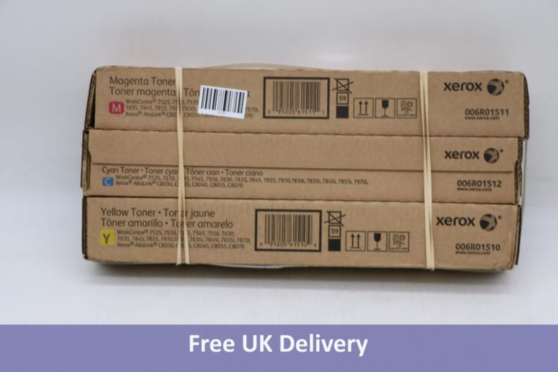 Three Xerox Printer Cartridges include 1x 006R01510 Yellow, 1x 006R01512 Cyan and 1x 006R01511