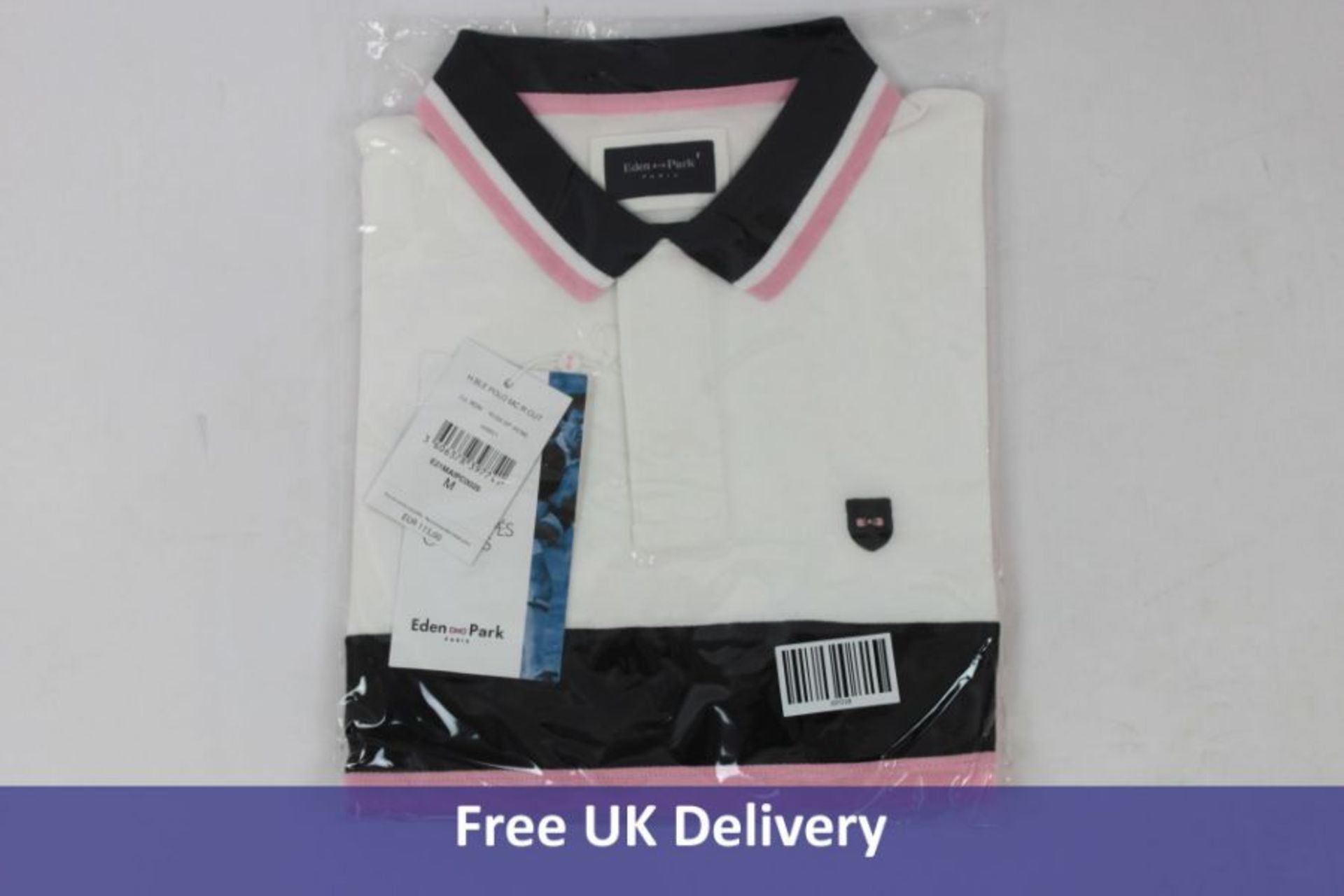 Eden Parl Men's Cotton Polo T Shirt, White Pink Black, Size M