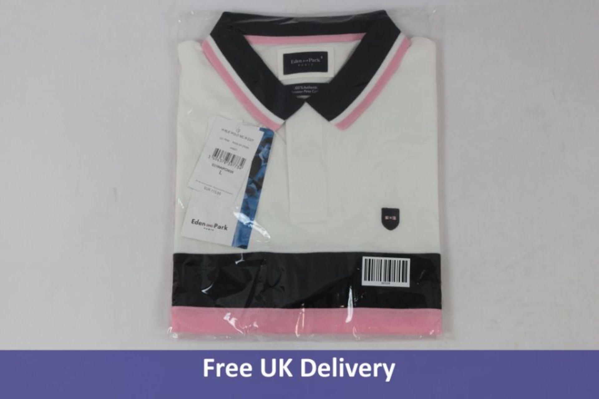 Eden Parl Men's Cotton Polo T Shirt, White Pink Black, Size L