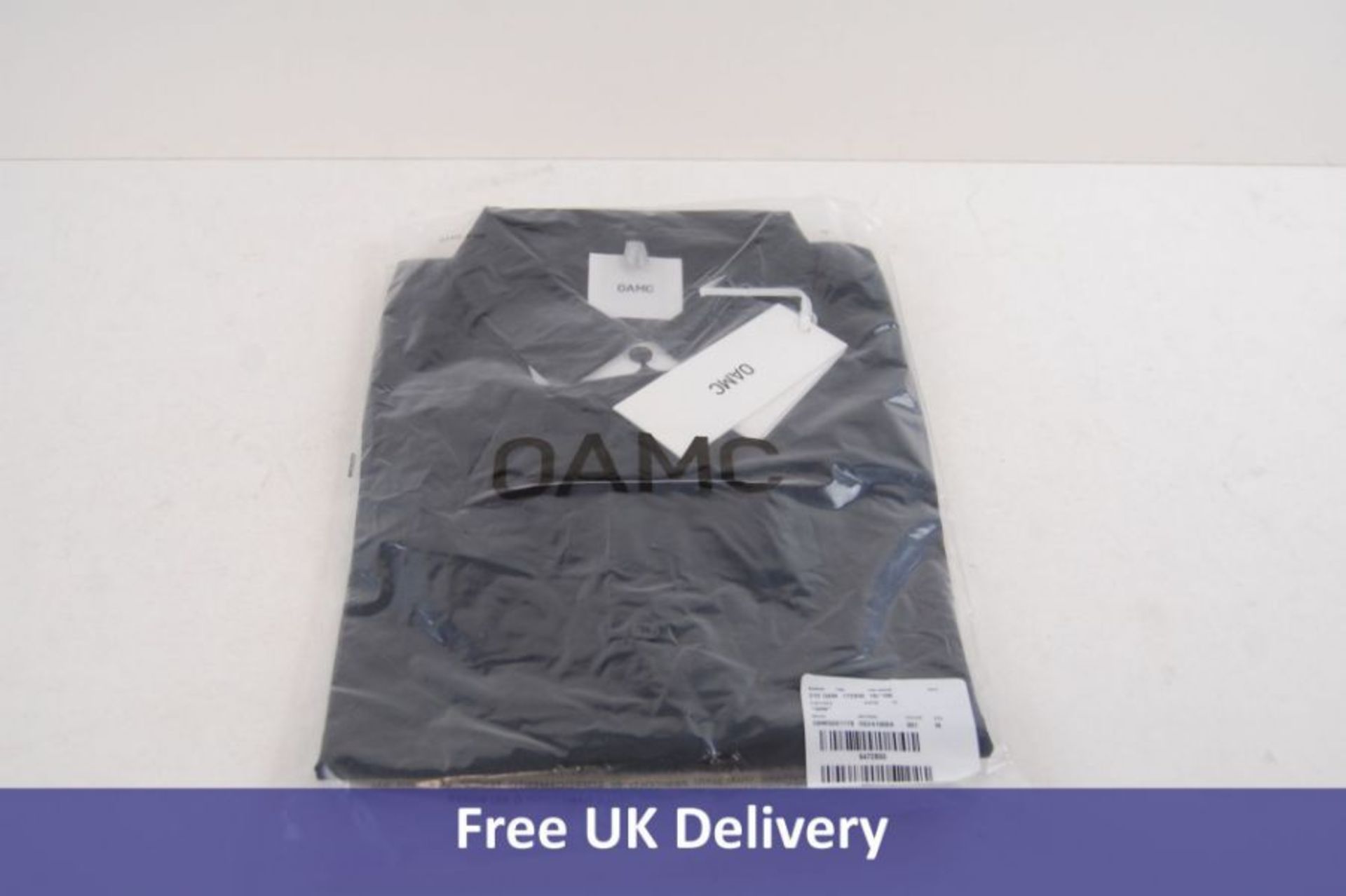 Oamc Men's Button Down Long Sleeve Logo Print Over Shirt, Black, Size L
