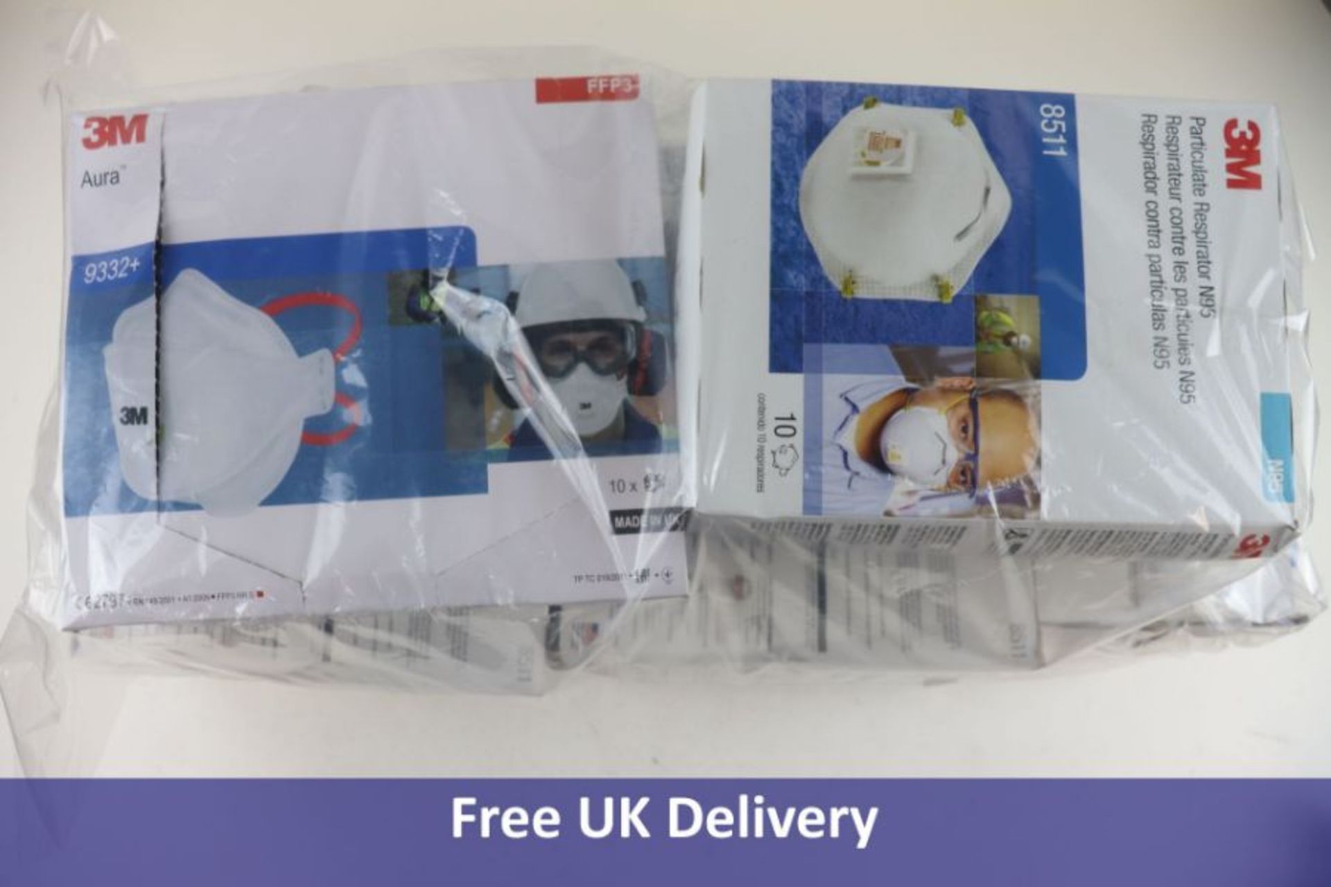 Seven Boxes of 10 3M Disposable Masks, to Include 6x N95 8511 and 1x Aura FFP3 9332+