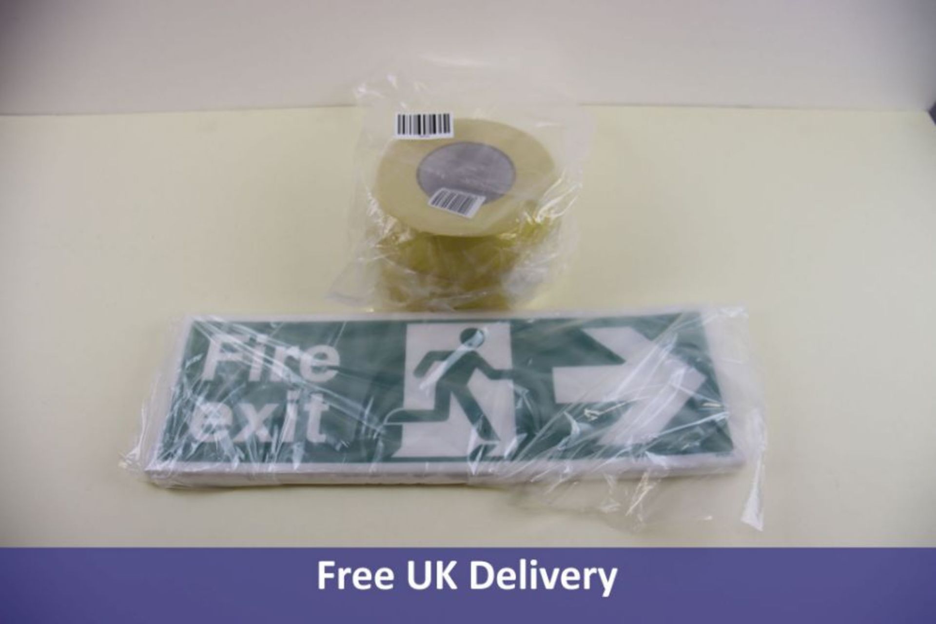 Twelve Fire Exit Right Sign 45 x 15cm and Two Packs of Security Tape, Yellow