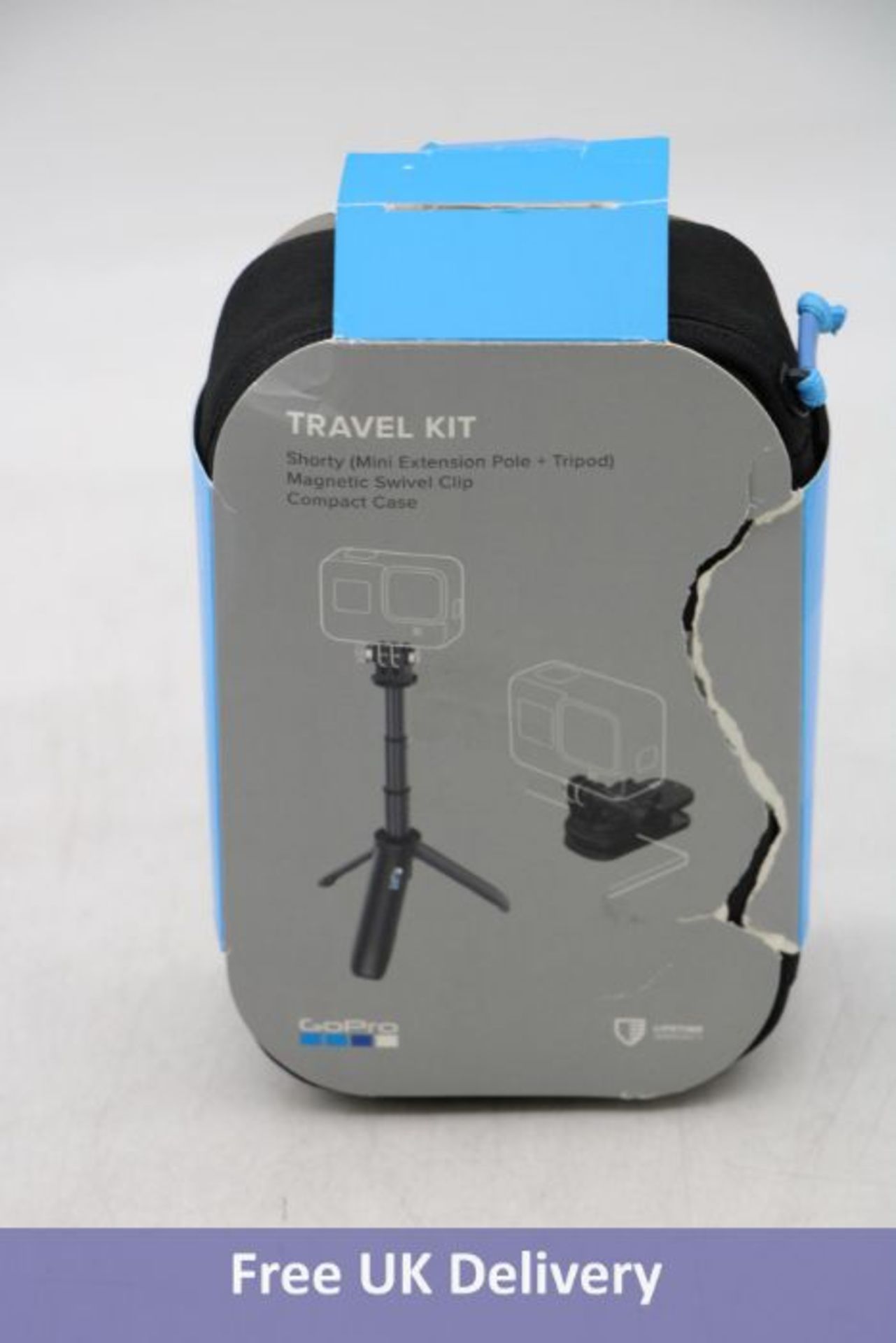 GoPro Travel Kit to include Shorty, Magnetic Swivel Clip and Compact Case. Packaging Damaged