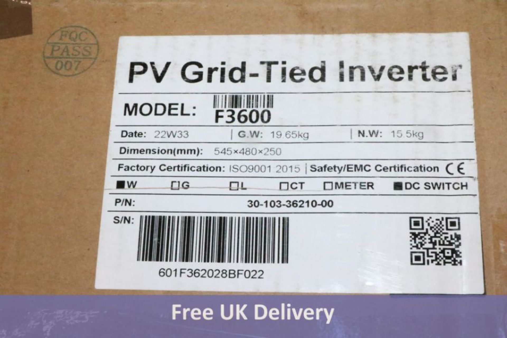 FOX ESS F3600 3.6KW Single Phase Solar PV Grid Tied Inverter with Dual MPPT, Untested