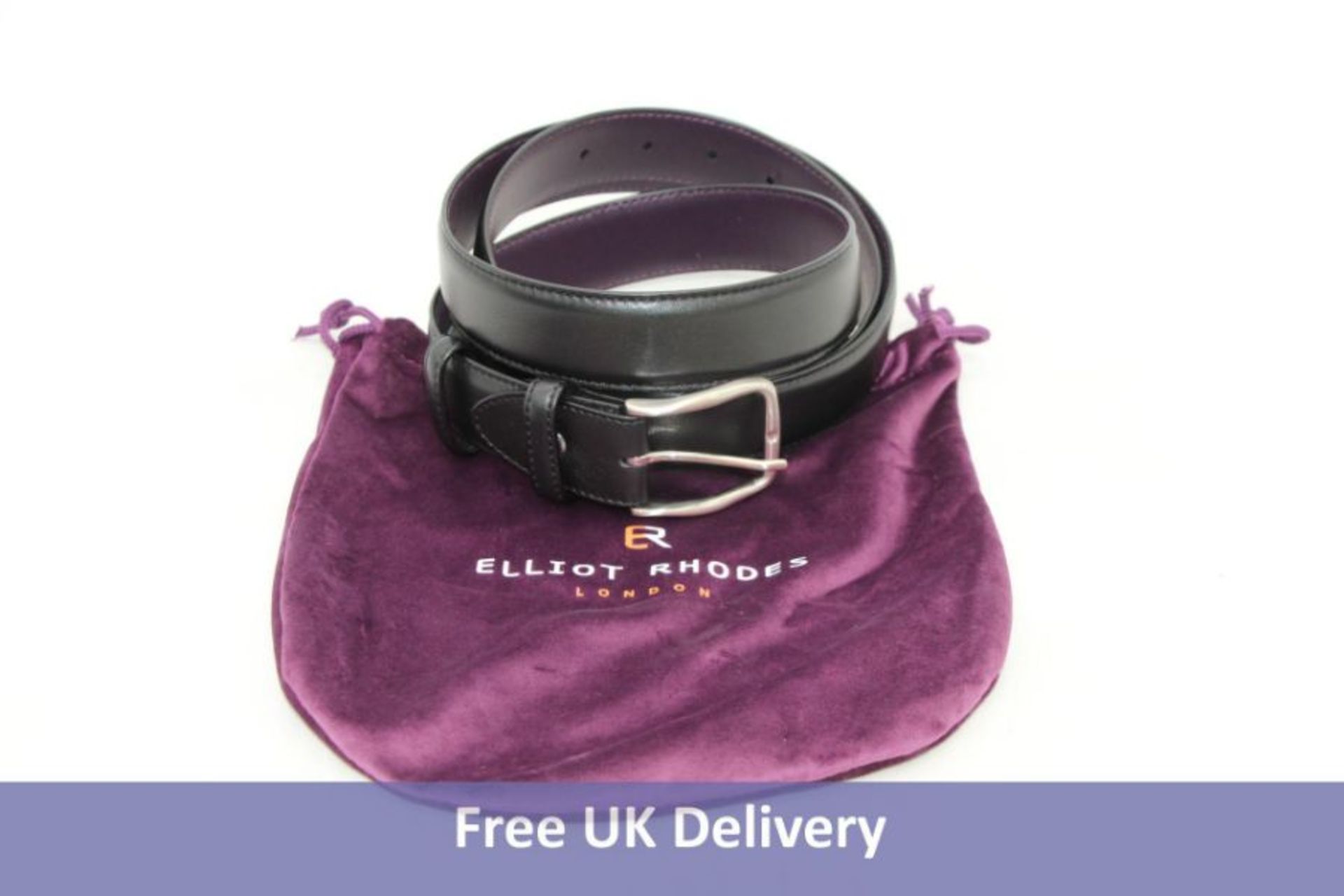 Elliot Rhodes Black Box Calf Narrow Belt Strap With Satin Silver Buckle And Purple Dust Bag, Black P
