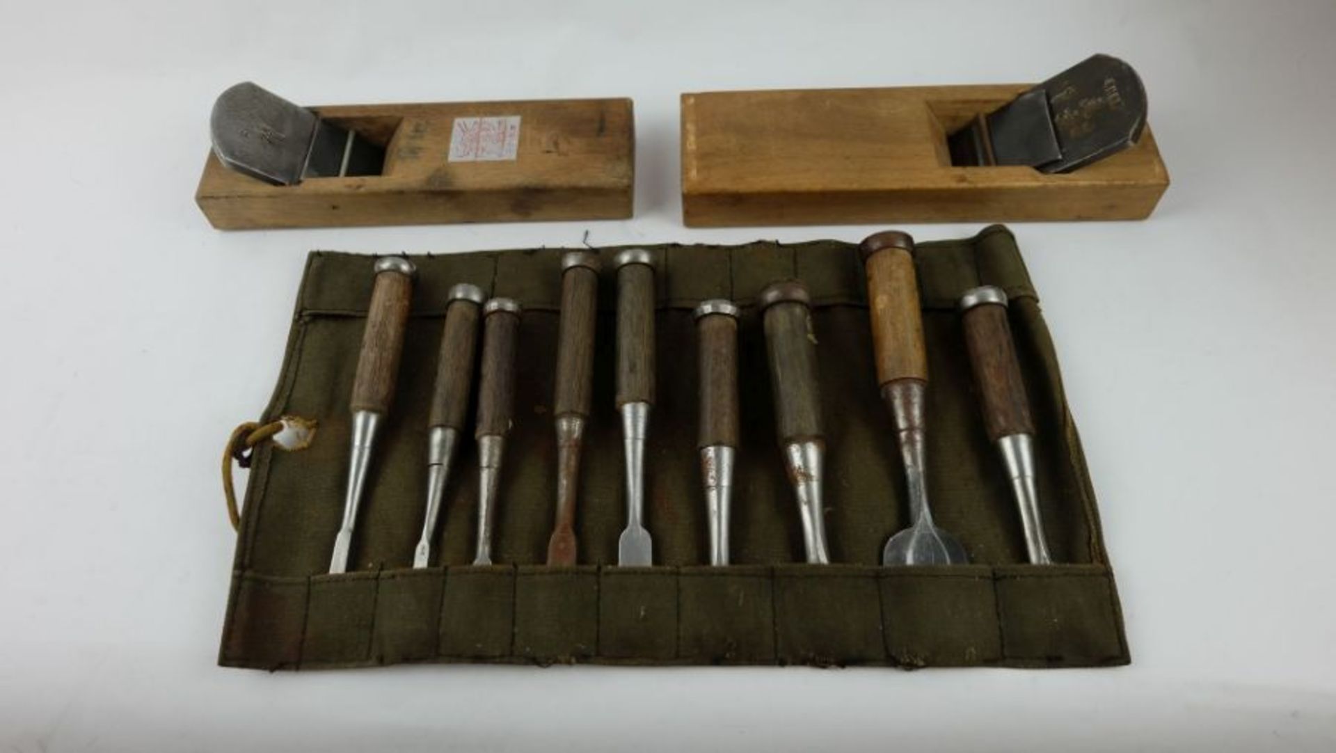 Vintage Japanese Woods Planes and Chisels Set to Include, 1x 10.75 Inch Wood Plane, 1x 10 Inch Wood