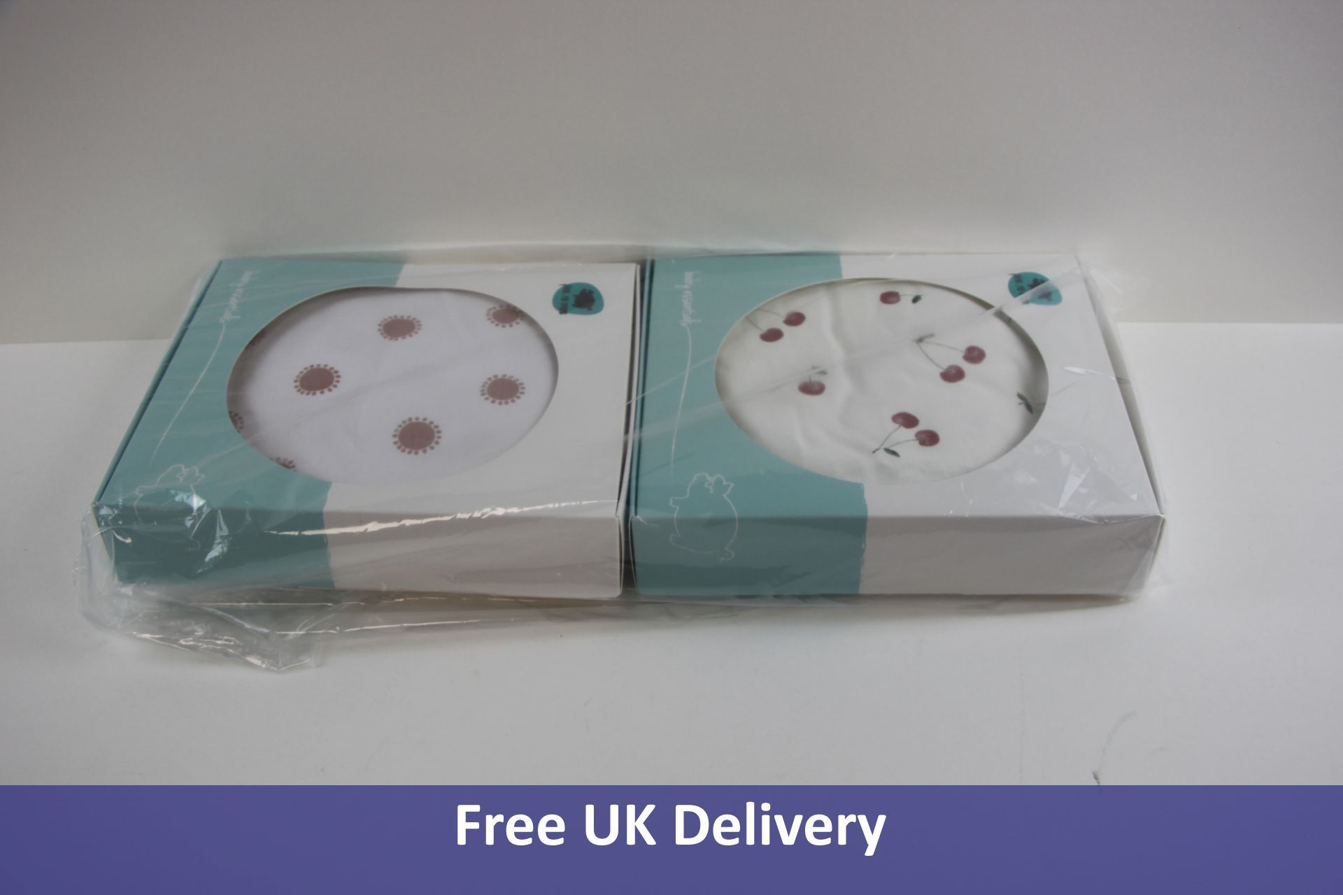 Two Pink No More Baby Cot Sheets 1x Cherries, 1x Suns Designs, White, 140x70 cm